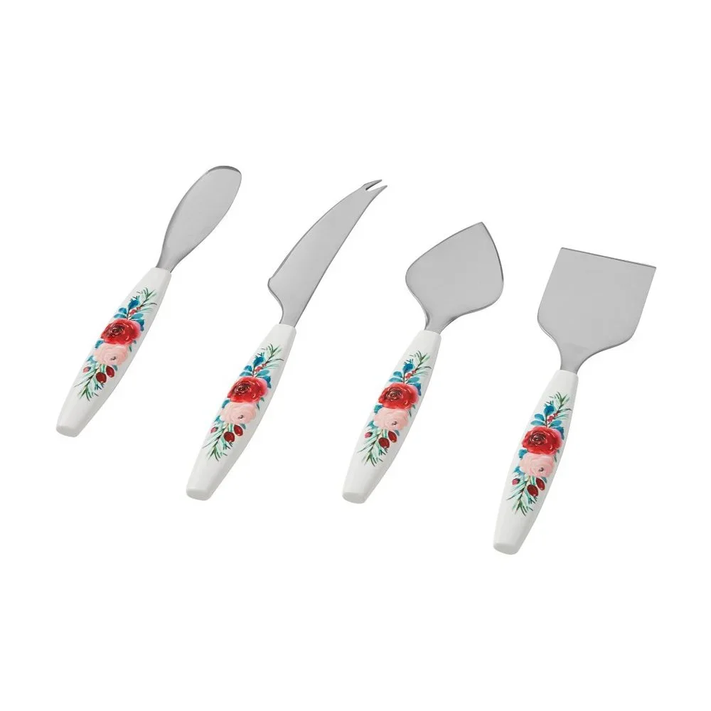 Pioneer Woman Wishful Winter Holiday Cheese Knife 4pc Set White Floral Christmas